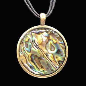 Colorful abalone pendant brass tone setting adjustable multi-strand cord